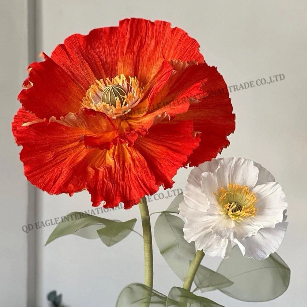 High quality handmade standing set large giant foam paper red and white color poppy flower for wedding stage window display decoration