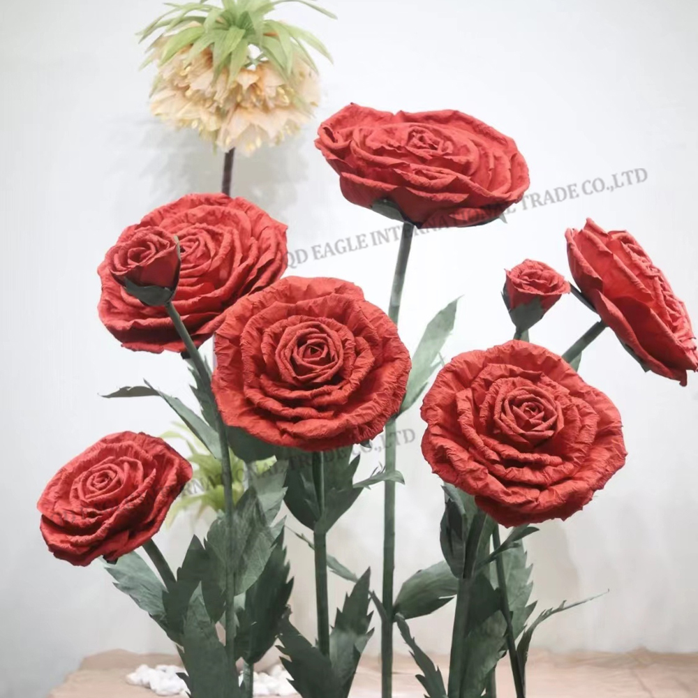 Factory direct wholesale giant paper red coloe rose with stem for wedding supply party shopping mall event store display decoration