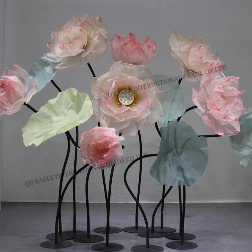 Large size free standing artificial silk lotus and leaves flower set