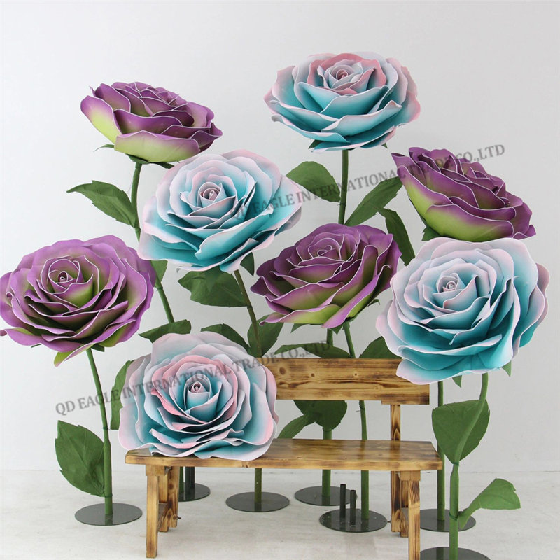 Cheap price single artificial giant EVA material purple and blue color rose flower for window decoration wedding party floral set store display