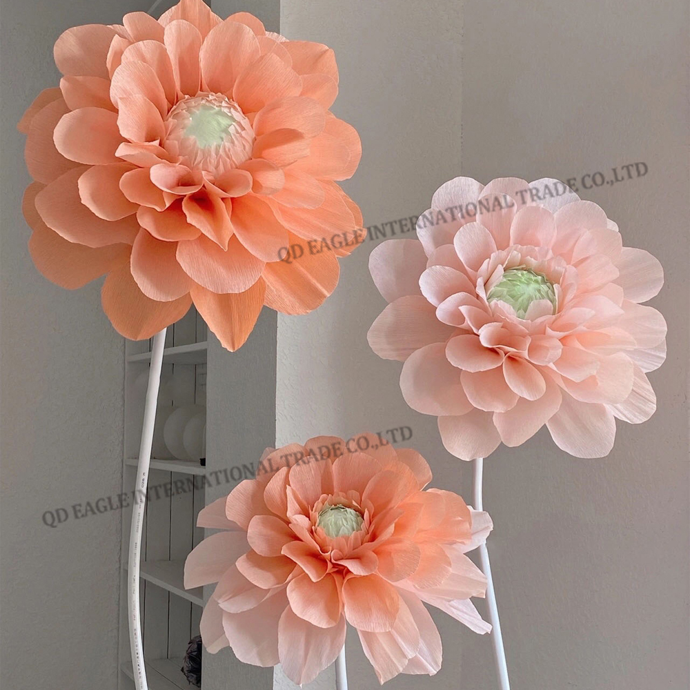 Handmade custom artificial paper giant dahlia with leaf stem flowers for shopping mall display background wedding decoration