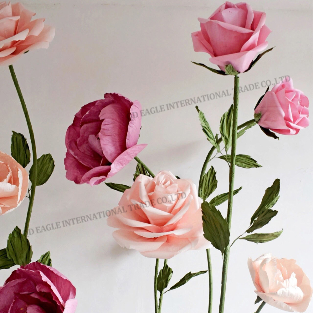 New design hand made artificial giant paper blush pink and meat meal color rose flower for weeding home store shopping mall decoration photography props