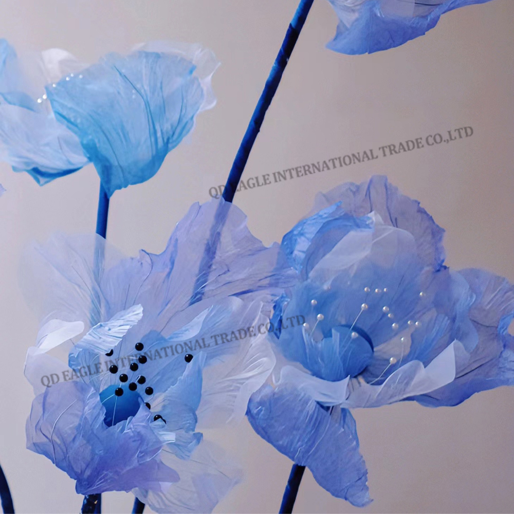 Giant silk flowers set blue silk poppy hand mad...