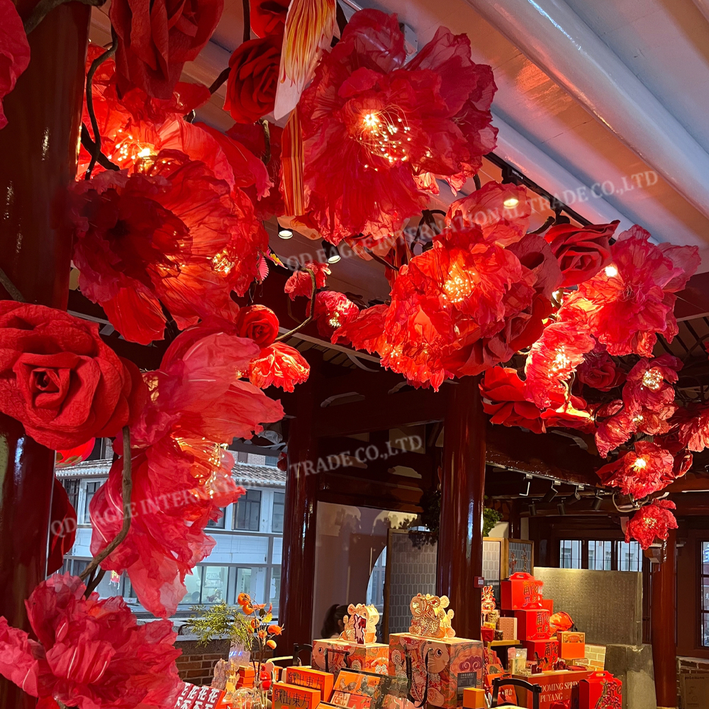 Realistic simulation huge artificial giant silk organza red color peony flower with lighting for wedding stage road lead window display decoration