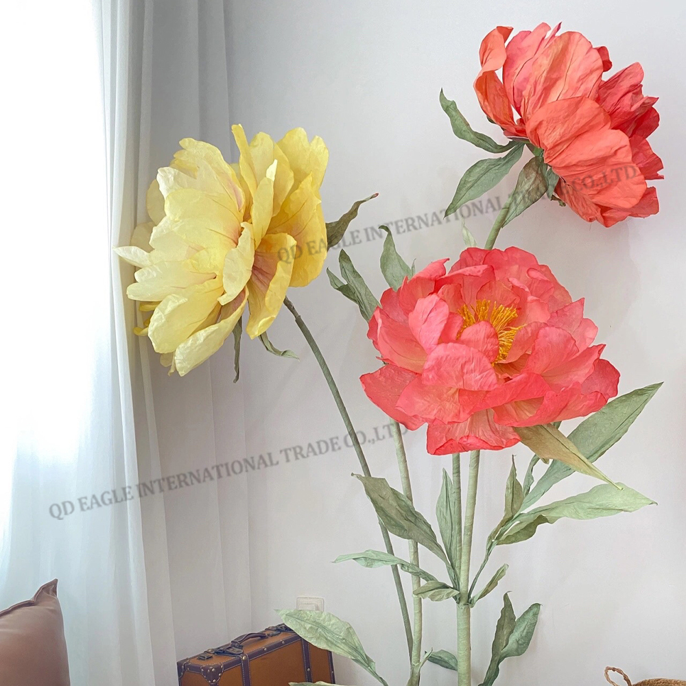 Handmade artificial giant  paper pink and yellow color peony flower for window display backdrop decoration