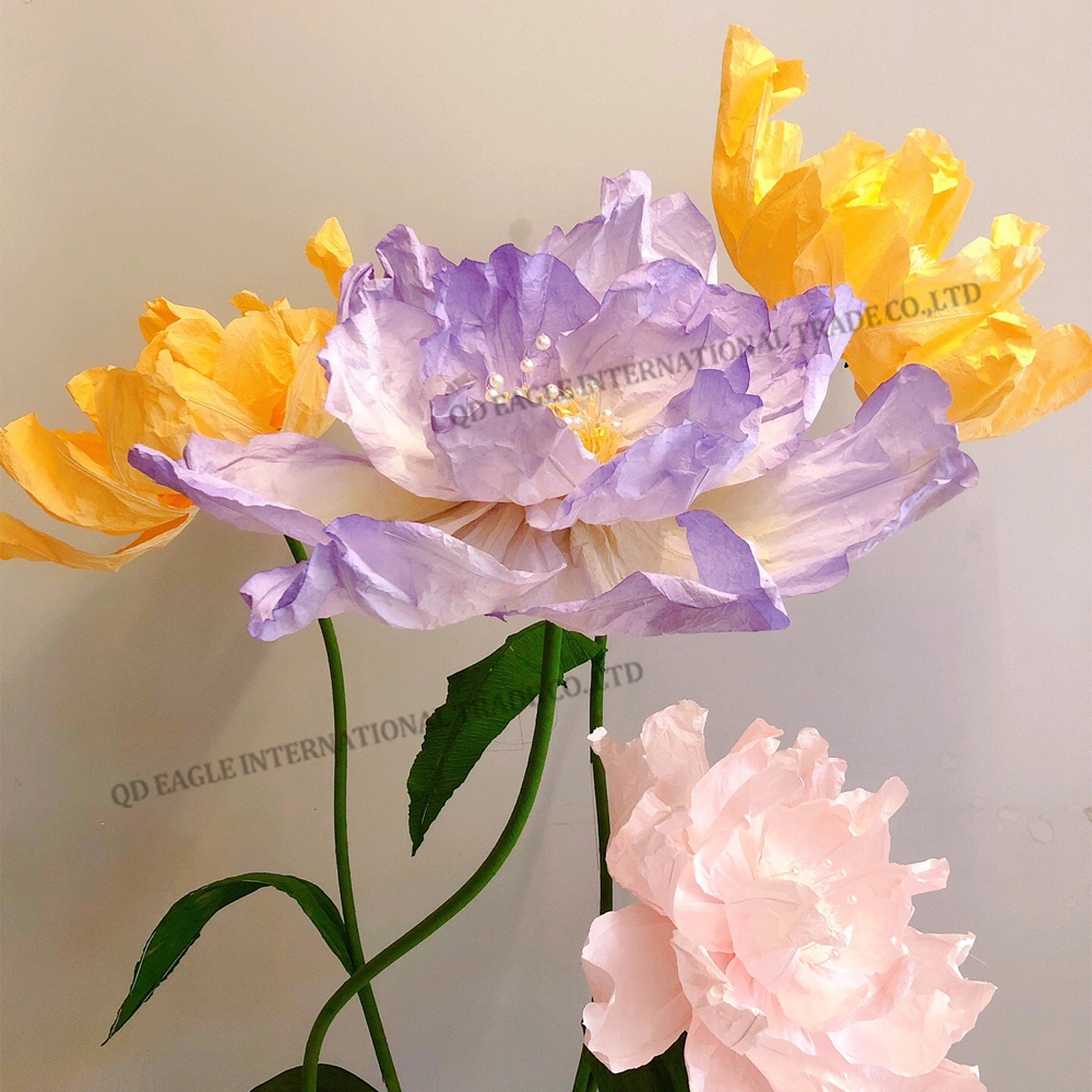 Wholesale high quality artificial giant paper purple pink and yellow color peony flower for wedding supply home start business decoration windows display