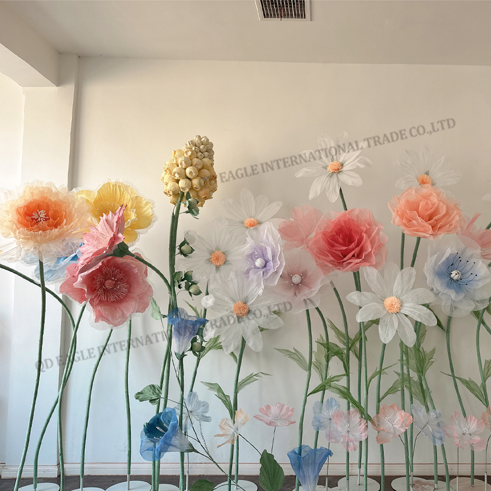 handmade artificial giant silk organza color poppy flower set