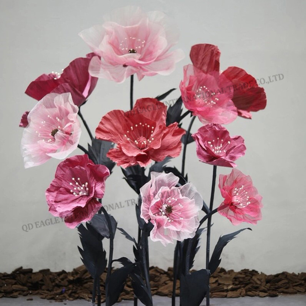 Handmade artificial giant silk organza pink color poppy flower set